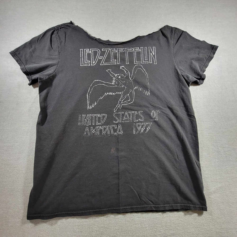 Led Zeppelin Graphic Tee Women L Black Fair Distressed 1977 Tour Off Shoulder